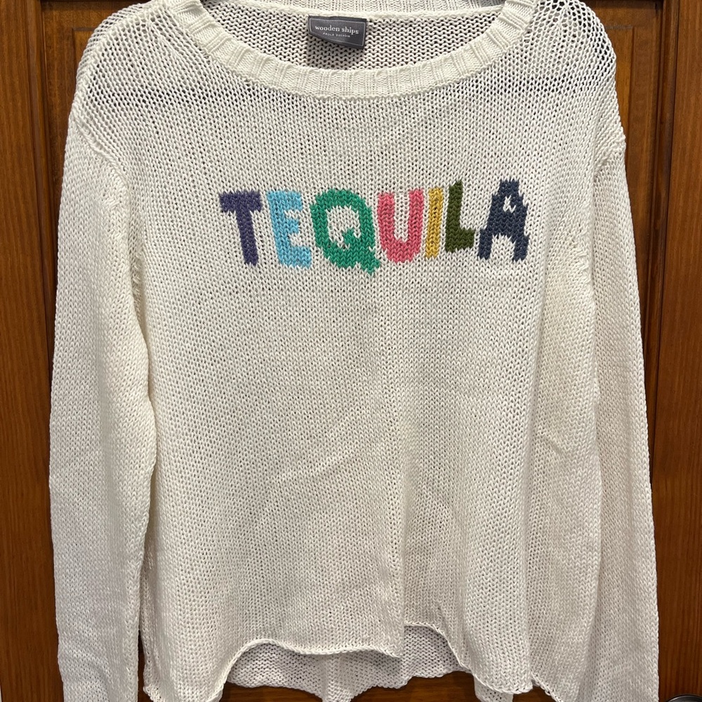 Wooden Ships White Sweater with Colorful 'TEQUILA' Design